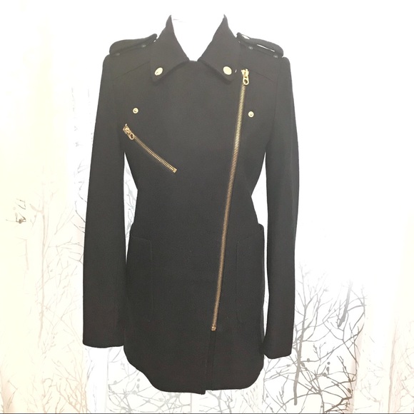 Juicy Couture black wool leather gold hardware zipper zip up long peacoat jacket - Picture 2 of 8